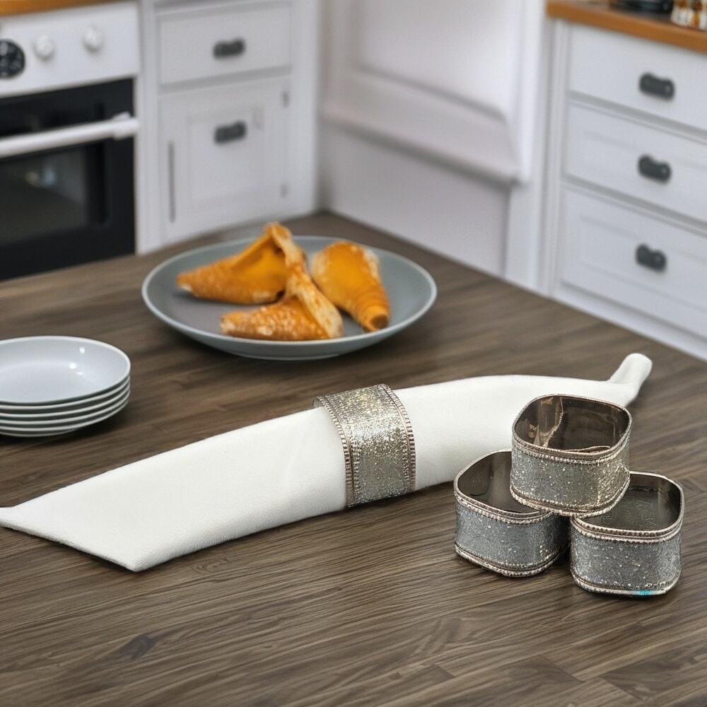 Set of 4 Silver Square Sparkle Napkin Rings Beaded Edge